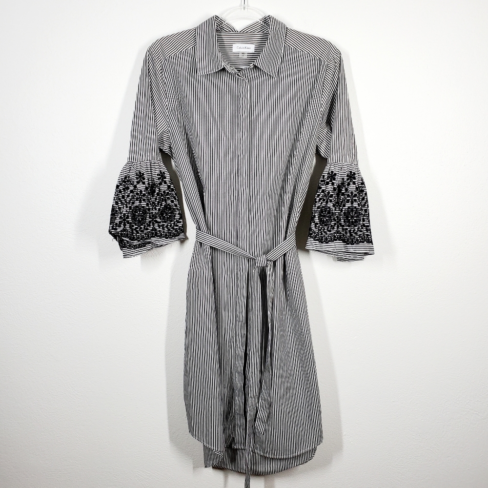 CALVIN KLEIN STRIPED BELTED SHIRT DRESS